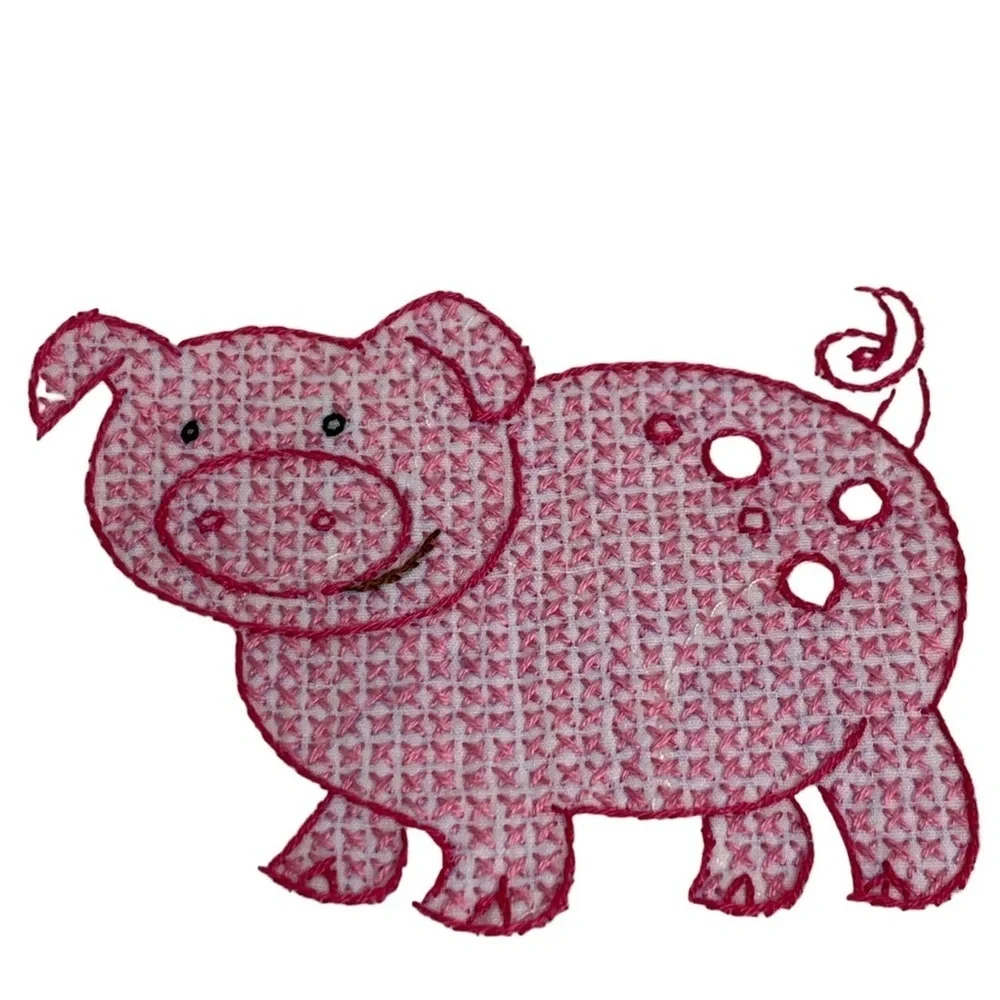 Oink Oink PIG OUT Handcrafted Cross Stitch Pink Pig’s Expression Above White Bib